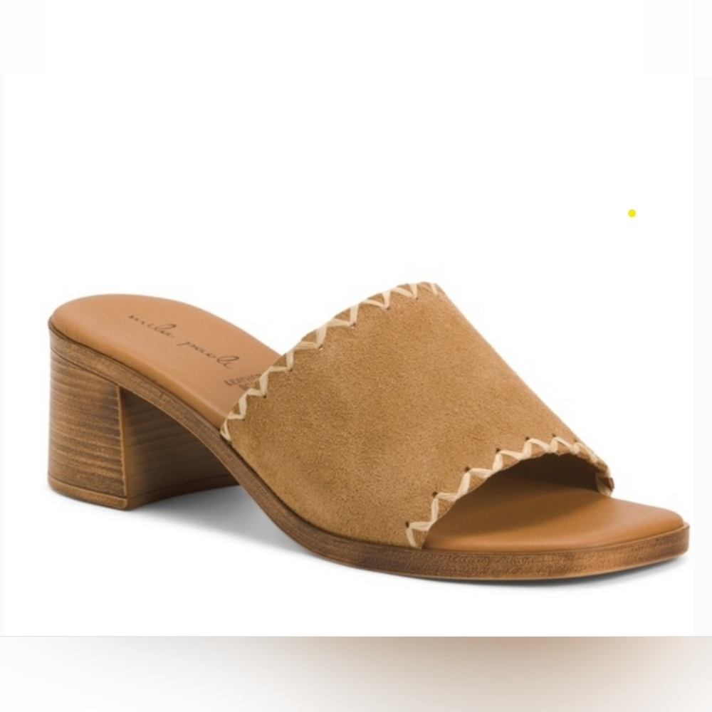 Mila Paoli Tan Suede Open-Toe Block Heel Mules